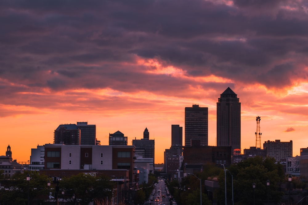 a city skyline at sunset