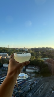Guests enjoying a sunset cocktail hour with panoramic views of the city skyline.
