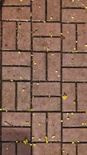 An inviting brick patio with warm tones and a perfectly arranged herringbone pattern under soft sunlight.