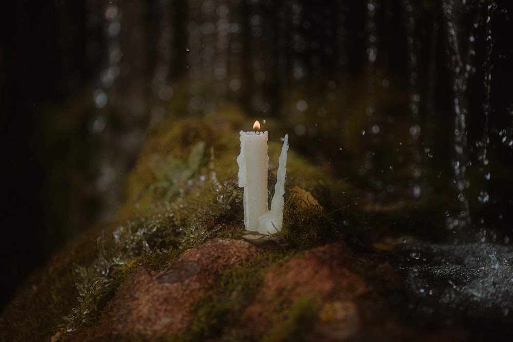 a white statue on a mossy rock