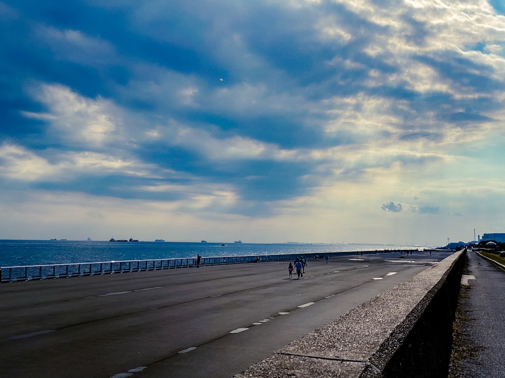 a group of people walking on a boardwalk by the water