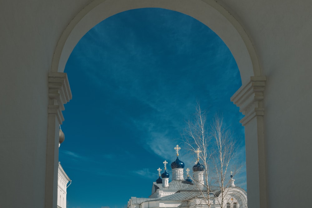 a view of a building through a window