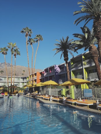 Multiple vibrant, multi-colored buildings with balconies are lined up by a swimming pool. Yellow umbrellas and sun loungers are arranged around the pool. Tall palm trees are scattered around, and clear blue skies are visible in the background.