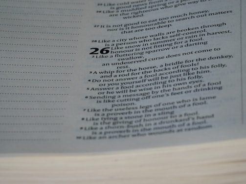 A close-up view of a book page displaying text with chapter and verse numbers. The text appears to be from a religious or philosophical book, with various proverbs or sayings listed in a structured format.