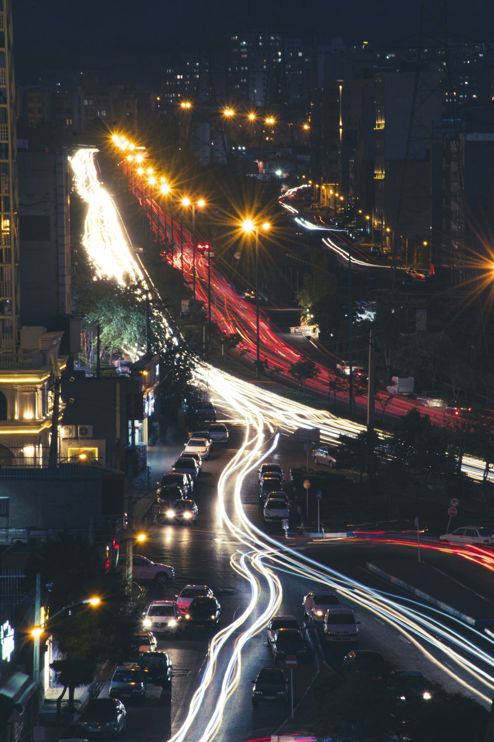 a busy street at night