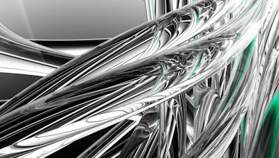 Abstract 3D digital art with flowing gold ribbons weaving through a futuristic black grid illuminated by glowing accents.