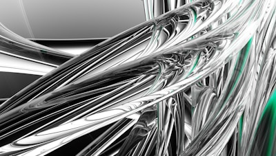 Abstract metallic textures and DNA strand linework blending into a cool gray background with subtle depth.