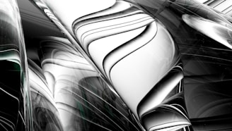A digital abstract artwork featuring smooth, flowing curves and lines that create a sense of motion and depth. The image predominantly uses shades of black, white, and hints of green, forming a fluid and dynamic composition.