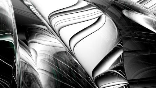 A digital abstract artwork featuring smooth, flowing curves and lines that create a sense of motion and depth. The image predominantly uses shades of black, white, and hints of green, forming a fluid and dynamic composition.