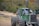 A heavy-duty green forestry machine is positioned on uneven terrain with large tires and a strong metallic body. It's surrounded by a logging area with numerous cut tree trunks scattered on the ground. In the background, there is a dense forest with trees displaying autumn colors.