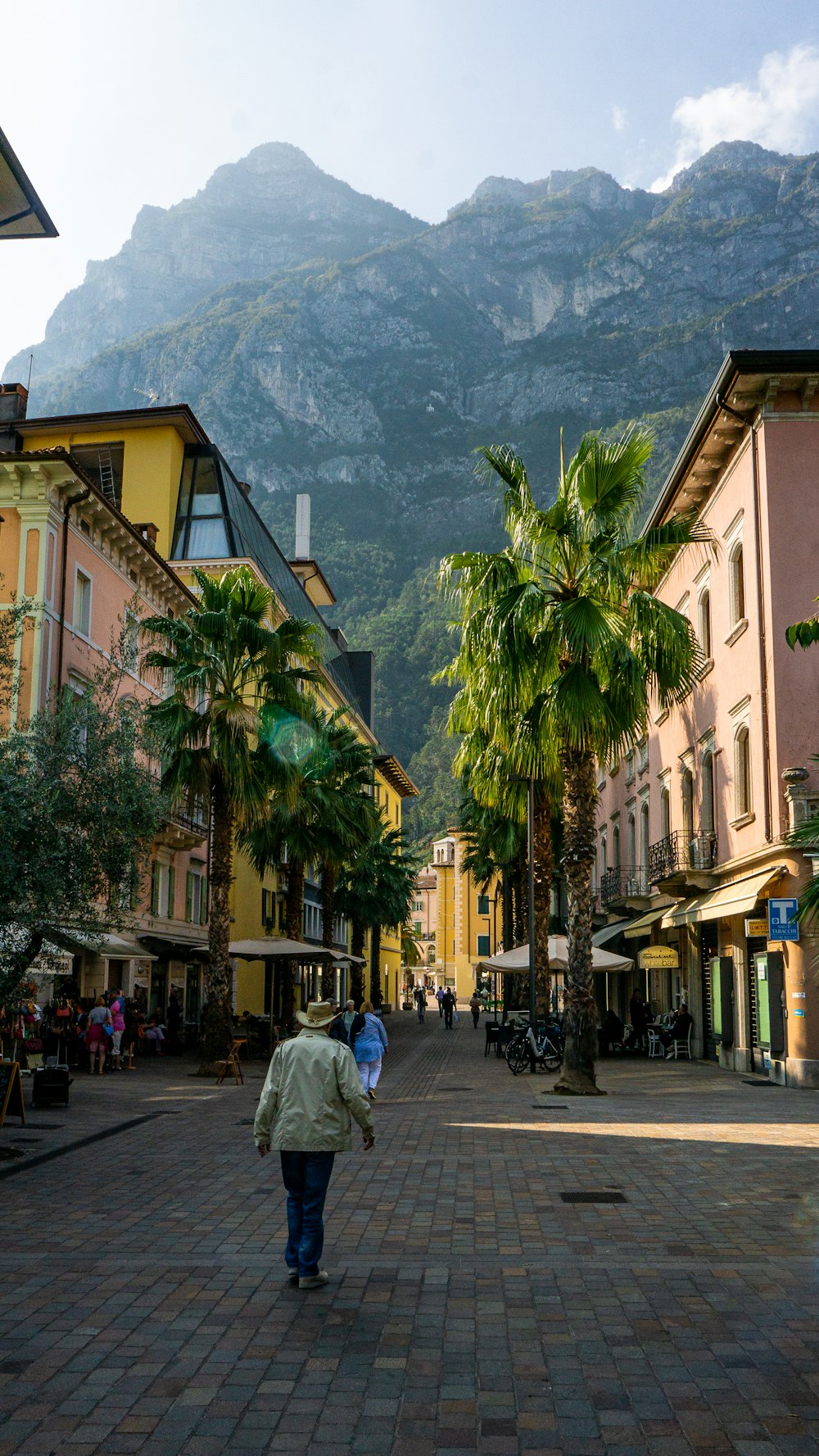 a group of people walking on a street with buildings and trees