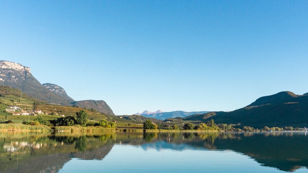 a lake with mountains in the background