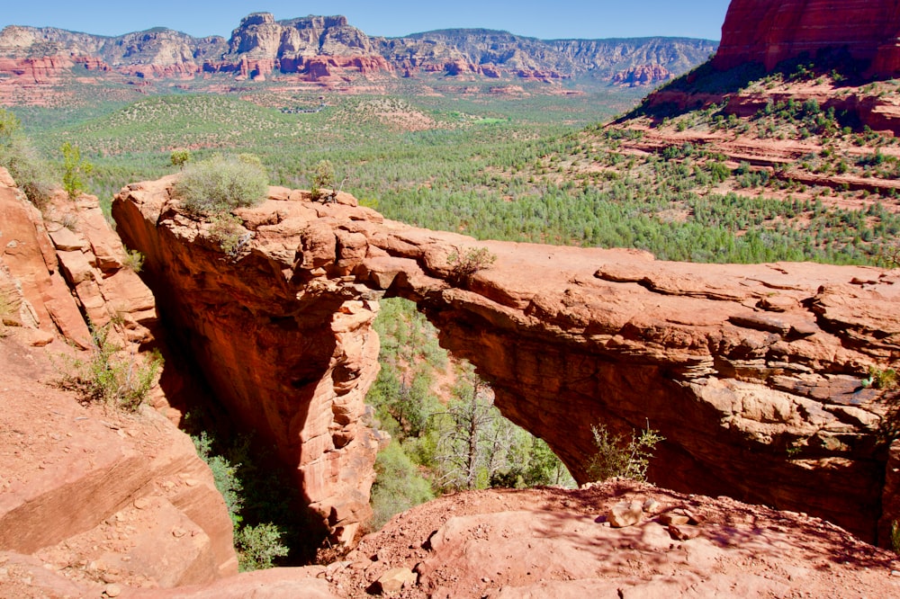 a large rock formation in a grassy area with mountains in the background