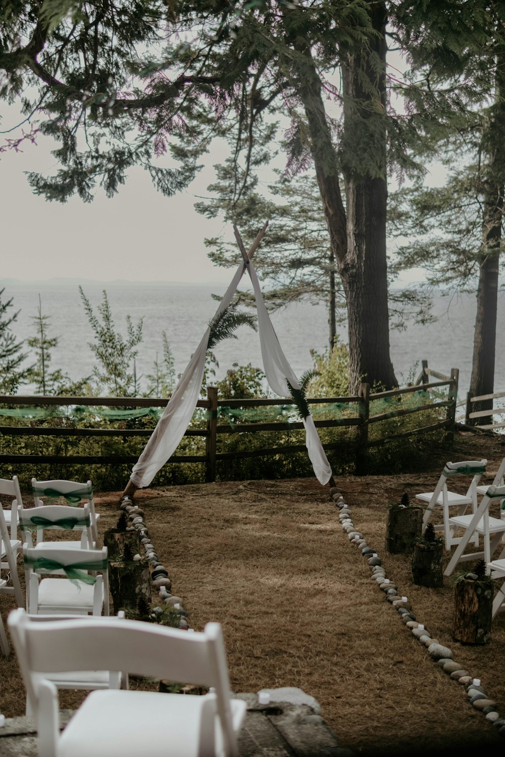 a group of chairs and tables by a tree and a body of water