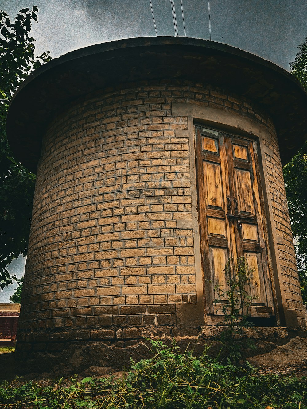 a brick building with a door