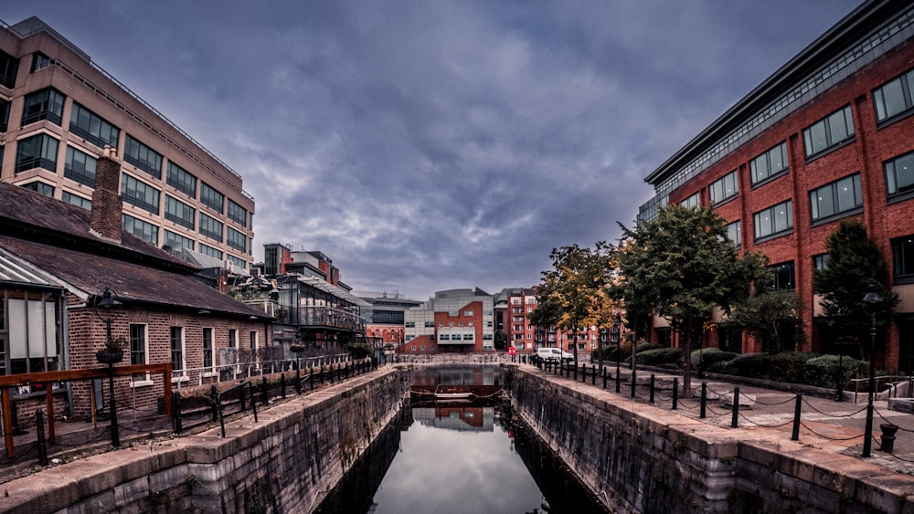 a canal between buildings