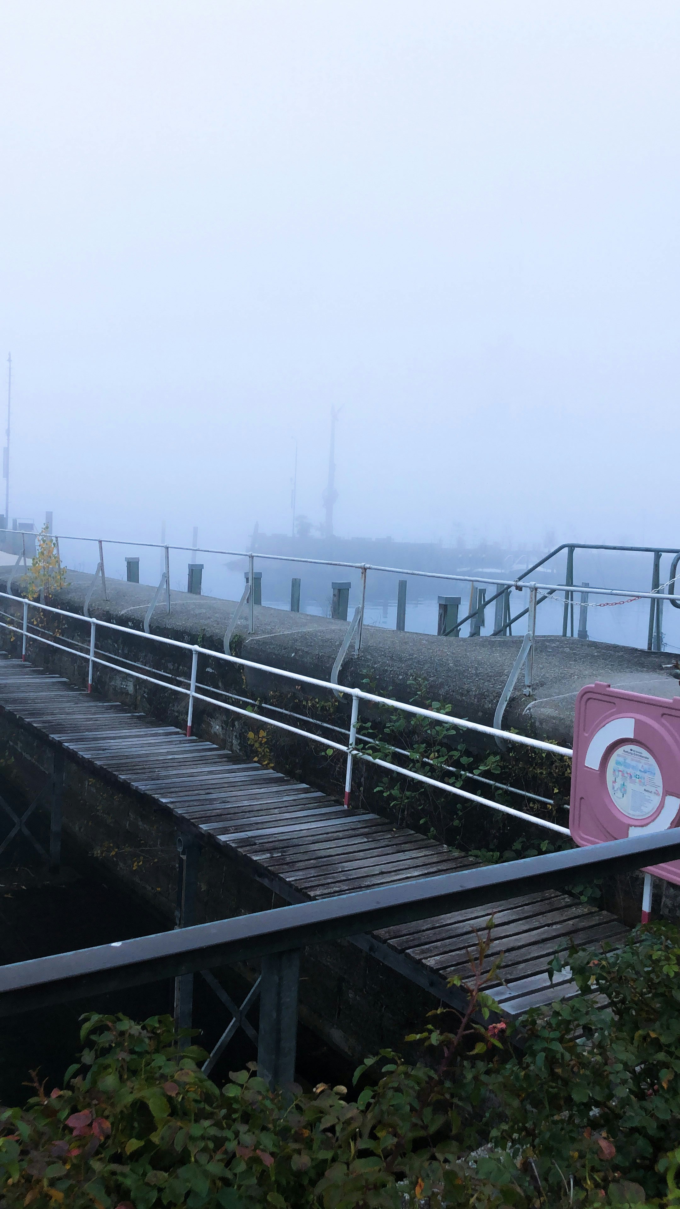a bridge with a railing and a body of water in the background