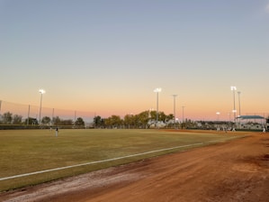 A baseball field under stadium lights during twilight, with teams of young players scattered across the field. The sky transitions from a soft blue to a warm peach near the horizon, bordered by trees and fencing. The ambiance suggests an ongoing game or practice.