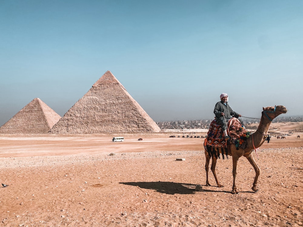 a person riding a camel in front of pyramids