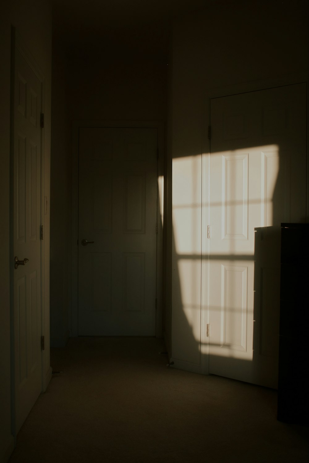 a dark room with white doors