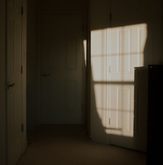 a dark room with white doors