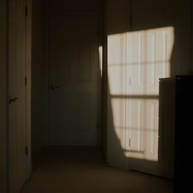 a dark room with white doors