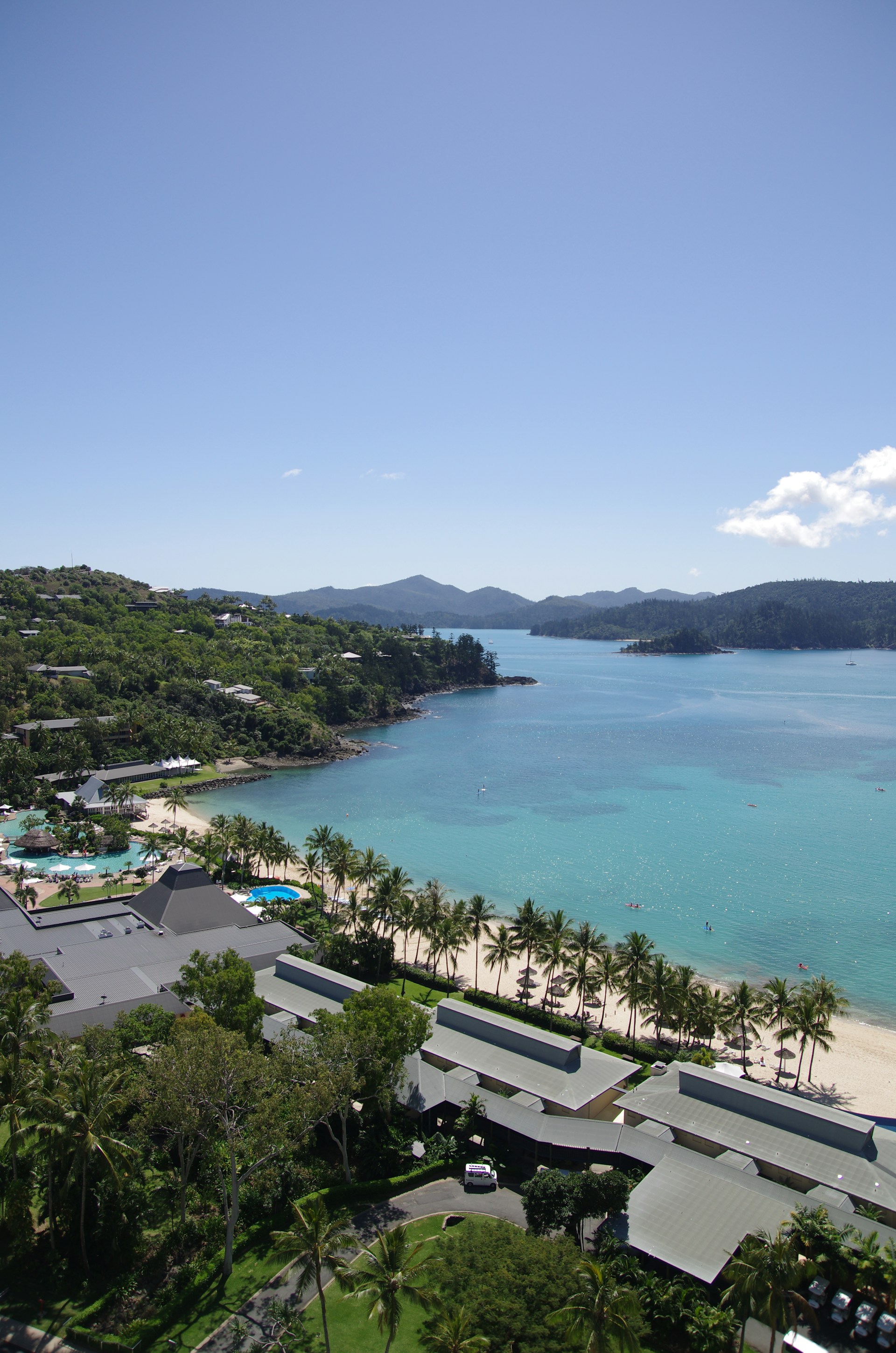 a beach with trees and buildings