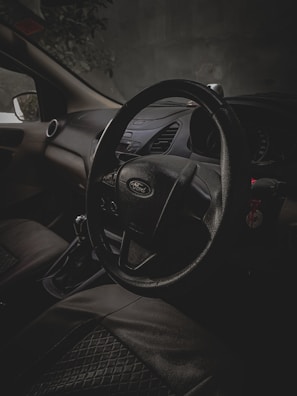 A dimly lit interior of a car focuses on the steering wheel with a Ford logo, surrounded by leather seats and a visible gear shift. The dark, shadowy ambiance suggests an evening or nighttime setting.