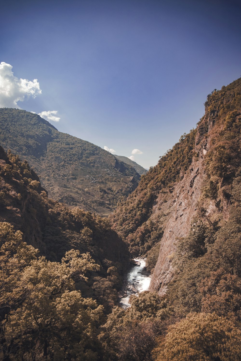 a river running through a valley between mountains