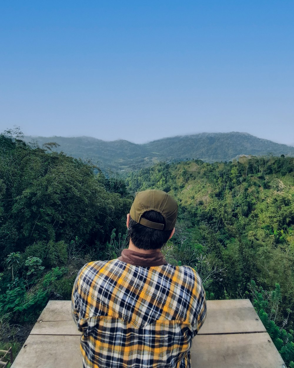 a man looking out over a forest