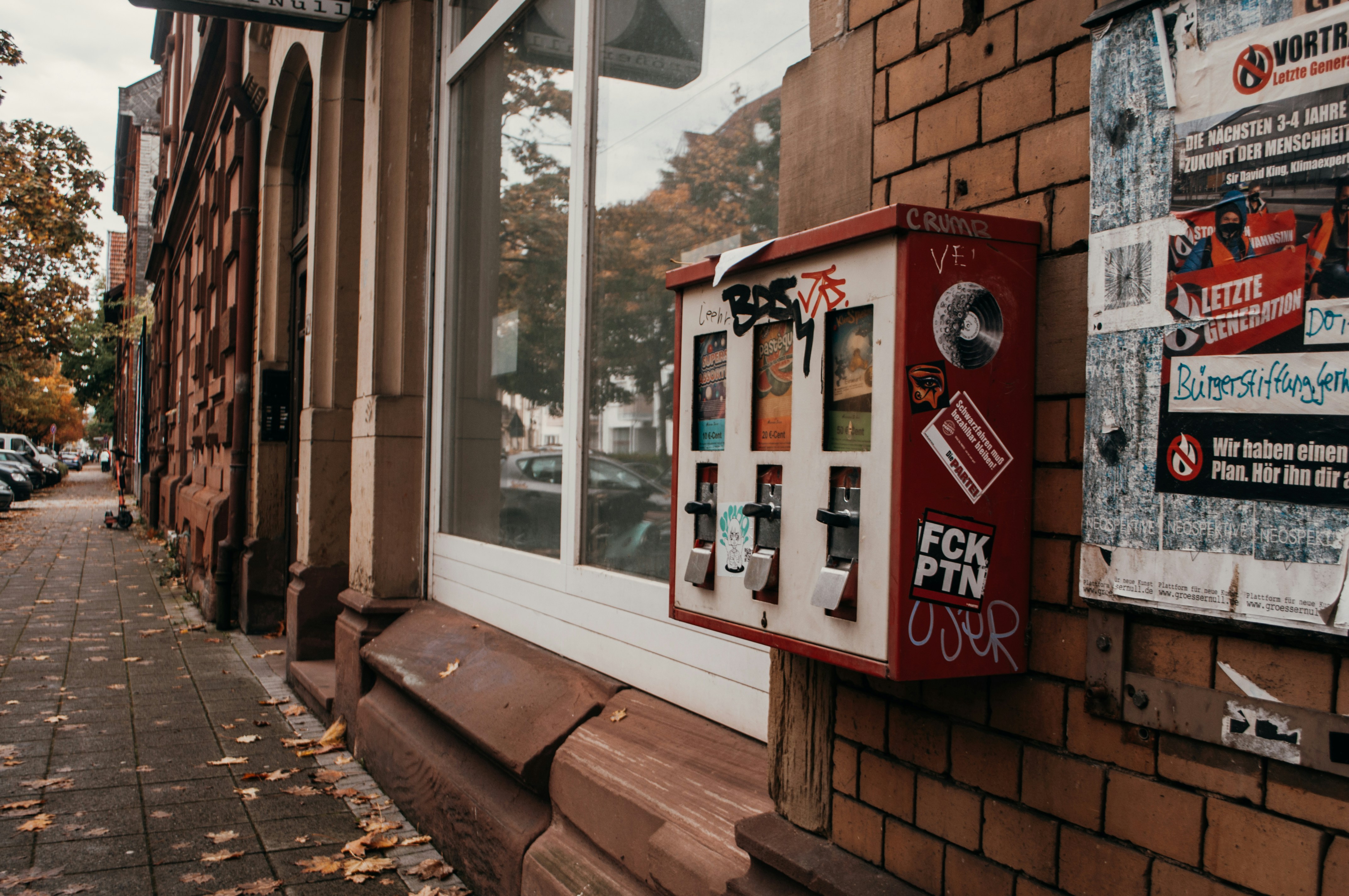 a storefront with signs