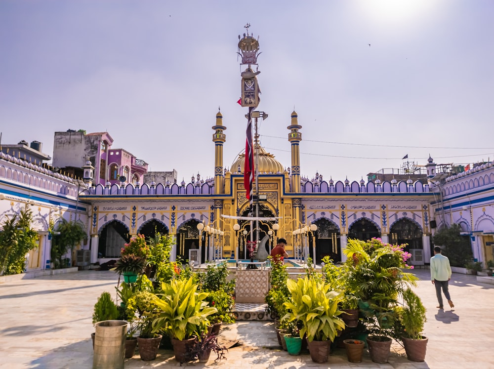 a colorful building with a large courtyard