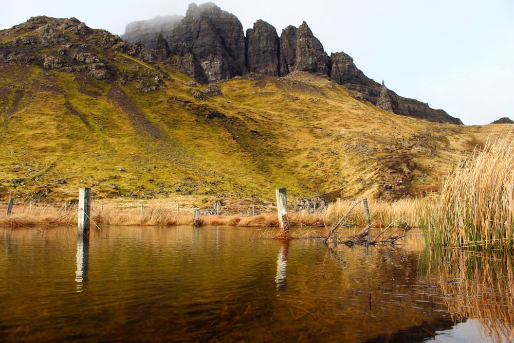 a body of water with a mountain in the background