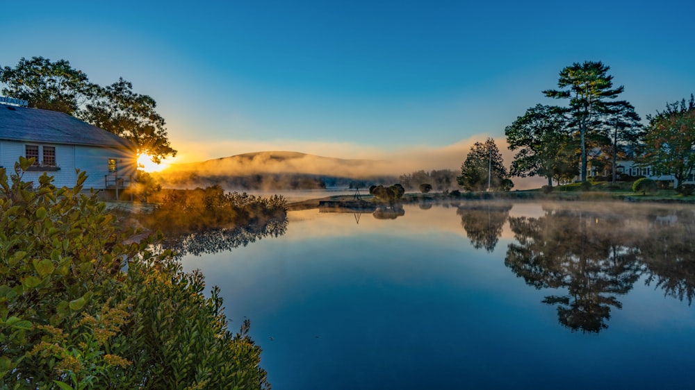 a body of water with trees and buildings around it