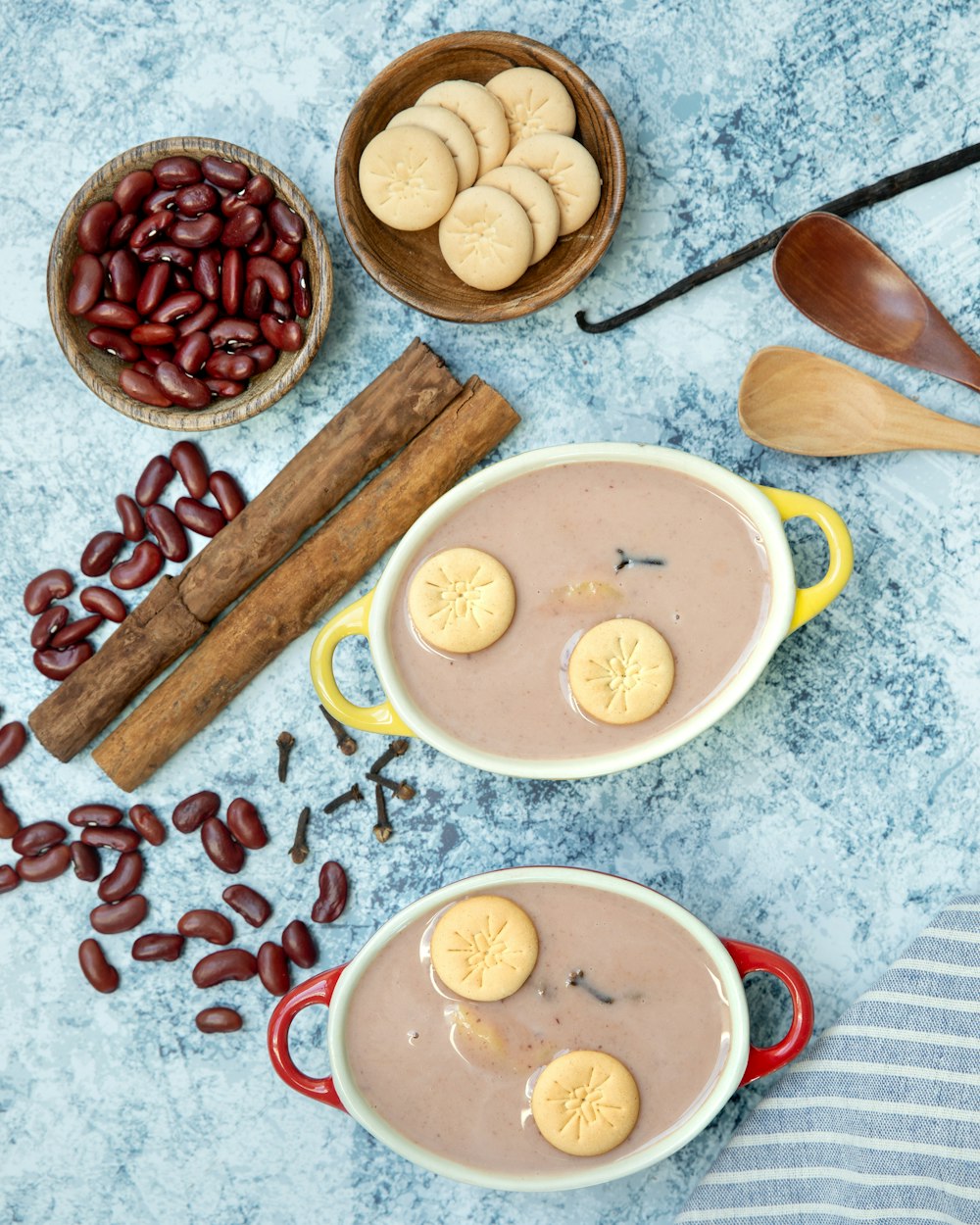 a table with food and a mug