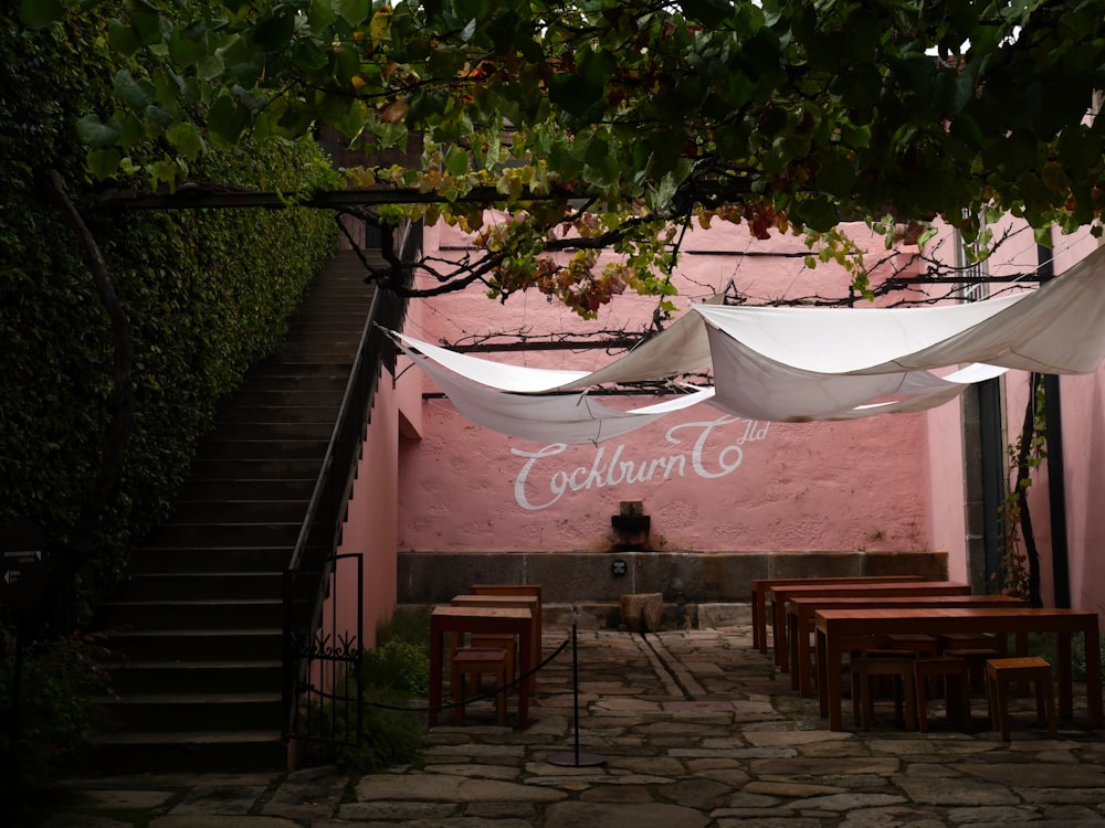 a restaurant with a staircase