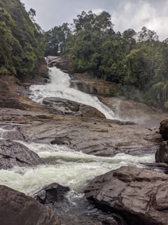 The cascading waters of Jonha Falls surrounded by vibrant forest foliage in early morning mist.