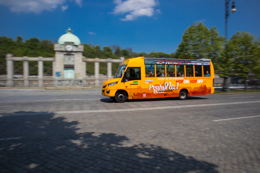 a bus travels down the street