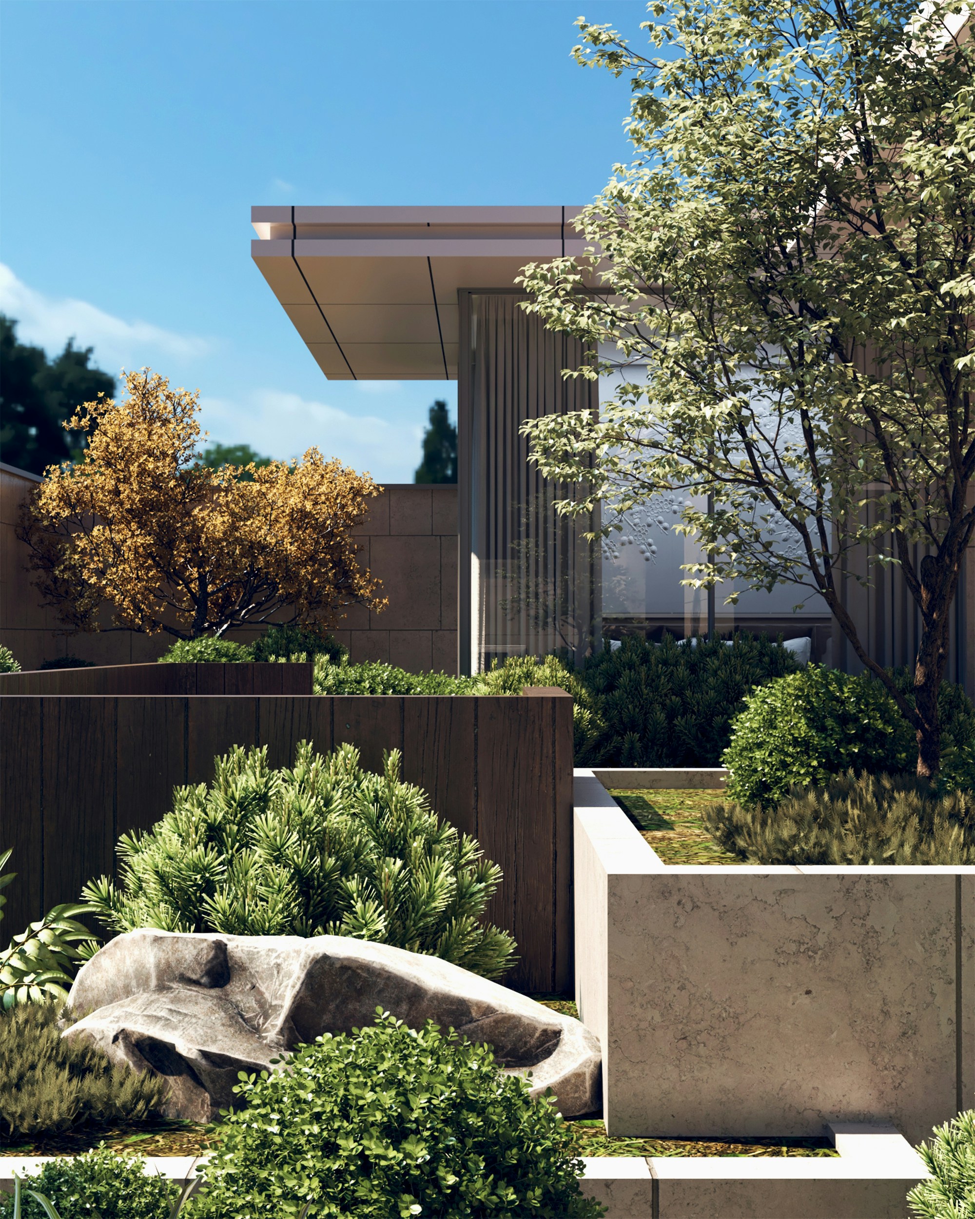 a large building with a fence and trees in the front