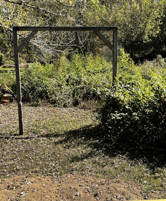 A wooden frame structure stands in a natural setting surrounded by various shrubs and trees. The ground is covered with grass and fallen leaves, and sunlight filters through the foliage.
