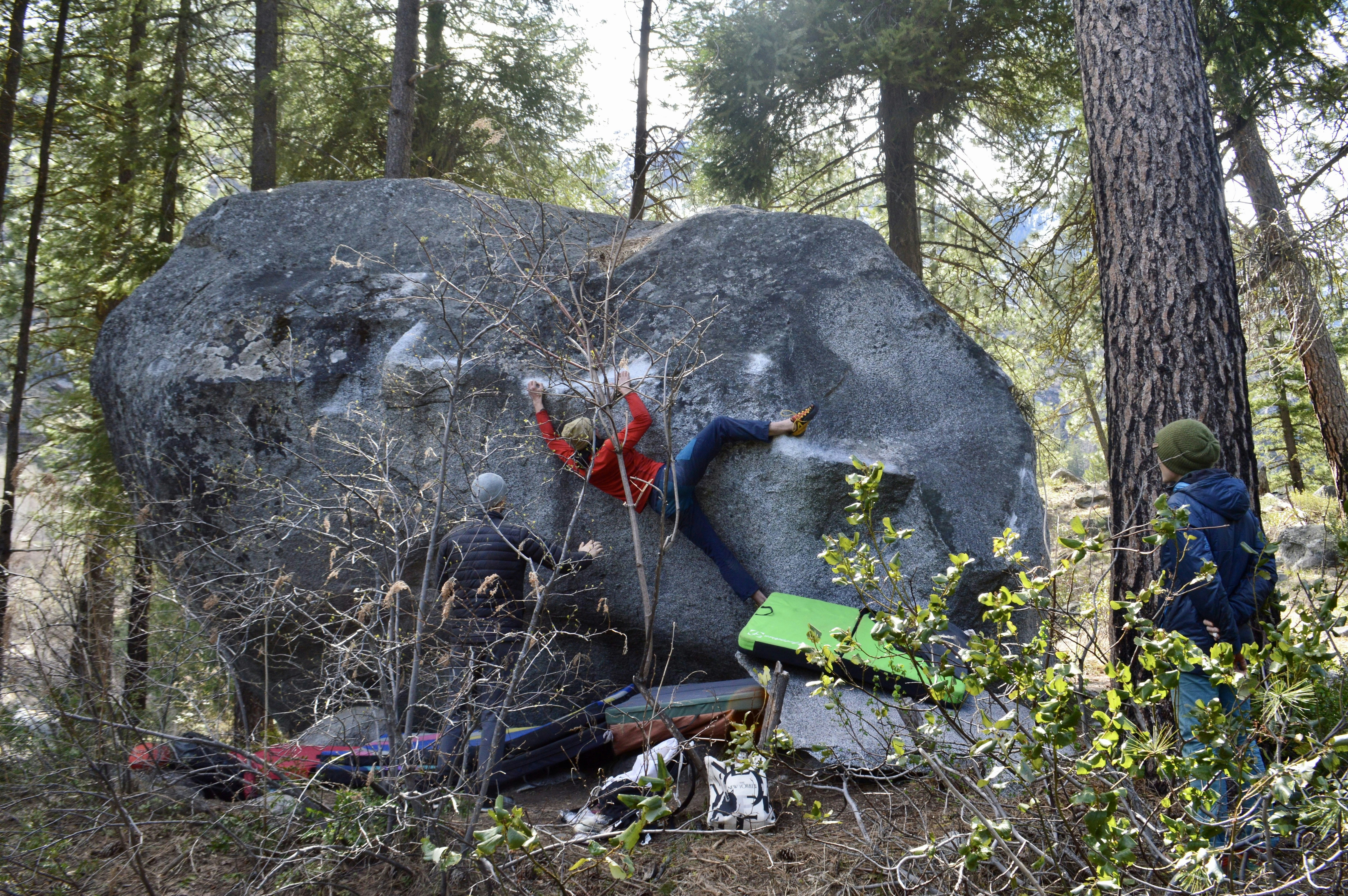 Un gruppo di persone che si arrampicano su un grande masso nel bosco