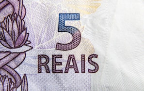A close-up view of a Brazilian 5 reais banknote featuring intricate designs and patterns. The number '5' is prominently displayed in blue, with the word 'REAIS' below it in a stylized font. There are floral and geometric motifs in the background.
