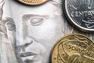 A close-up view of coins placed on a detailed engraving of a face often seen on currency. The coins include various denominations and their metallic surfaces contrast with the intricate line work of the engraved artwork beneath.