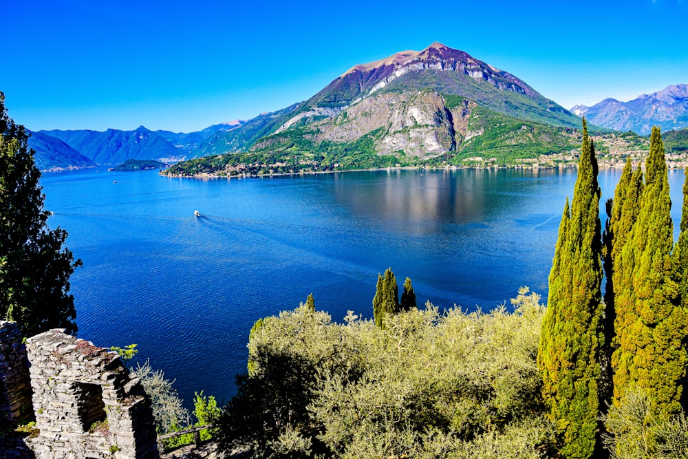 a body of water with trees and mountains in the background