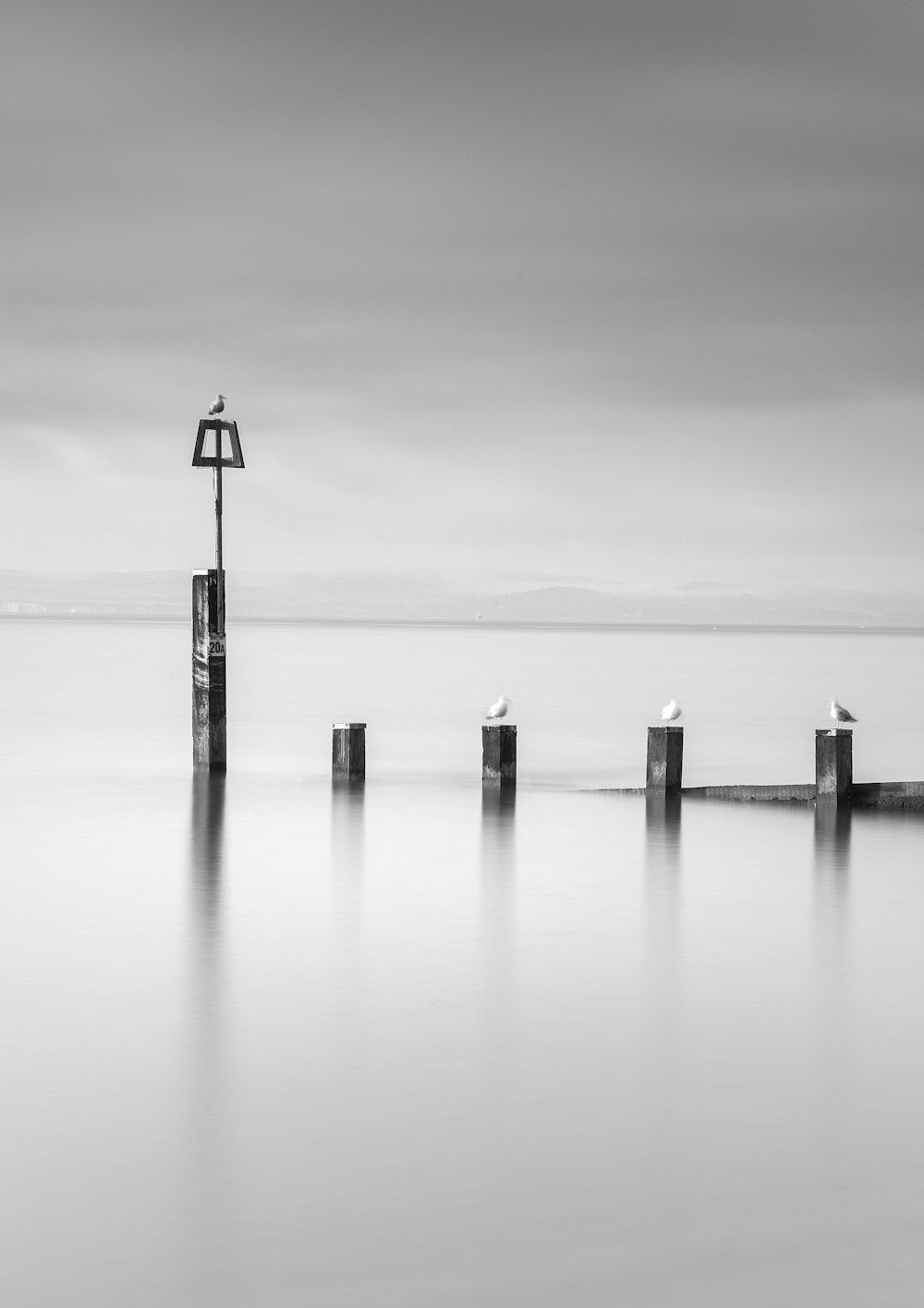 a light post in the middle of a body of water