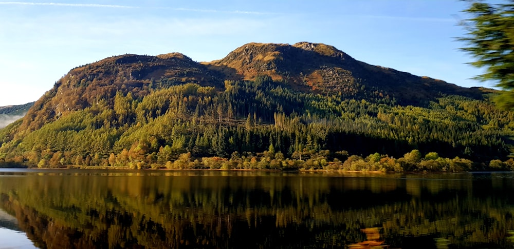 a lake with a mountain in the background