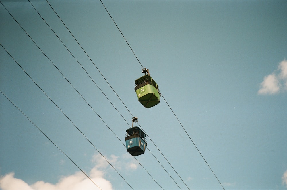 a pair of people riding on a cable car
