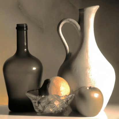 An artistic arrangement of a dark bottle, a white ceramic pitcher, a glass bowl with a citrus fruit inside, and an apple, all set against a soft, muted background. The play of light and shadow enhances the form and texture of each object, creating a harmonious and balanced composition.