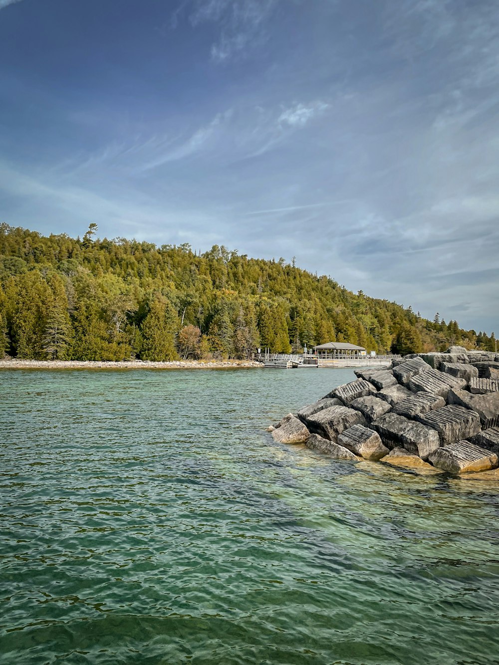 un plan d’eau avec des rochers et des arbres en arrière-plan