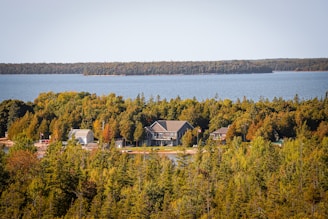 Scenic Muskoka lakefront in autumn with a row of cottages along the shorelines.